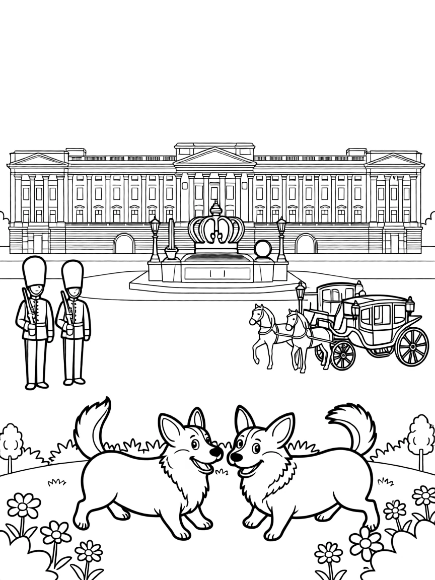 Buckingham Palace with royal guards, crown jewels, corgis playing in the garden, and horse-drawn carriages on the palace grounds