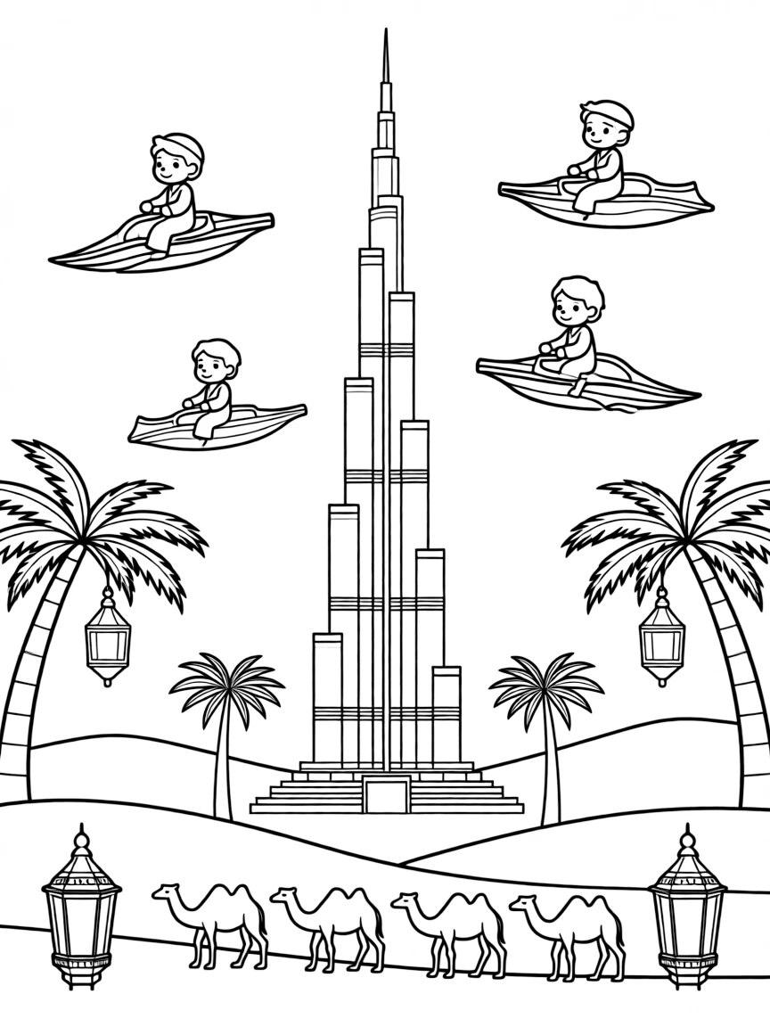The Burj Khalifa in Dubai with flying carpets, camels walking in the desert, palm trees, and traditional Middle Eastern lamps