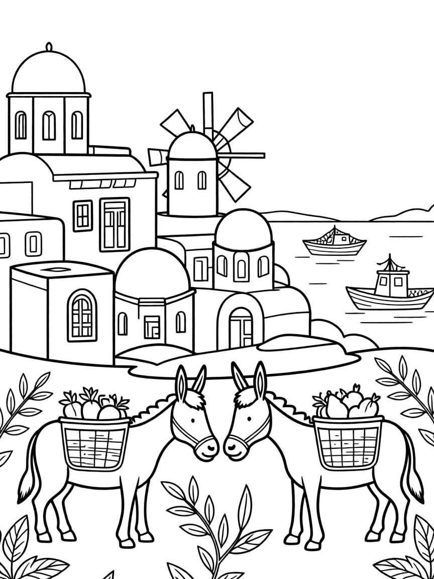 Santorini's white buildings with blue domes, Greek windmills, donkeys carrying baskets, olive branches, and fishing boats in the harbor