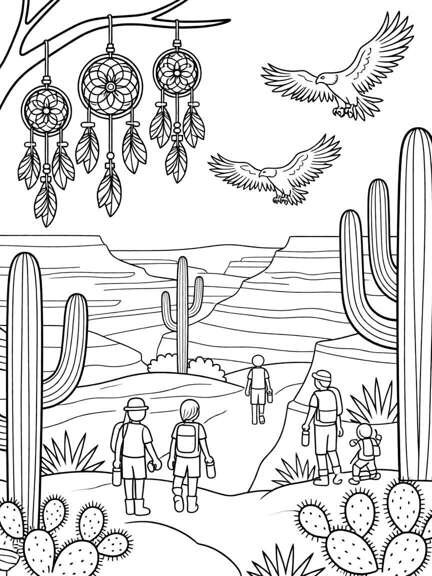 The Grand Canyon with Native American dreamcatchers, eagles soaring, desert cacti, and families hiking with backpacks and water bottles
