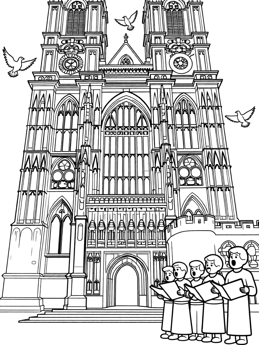 Westminster Abbey with choir boys singing, church bells, doves flying from the bell tower, and medieval knights' armor decorations