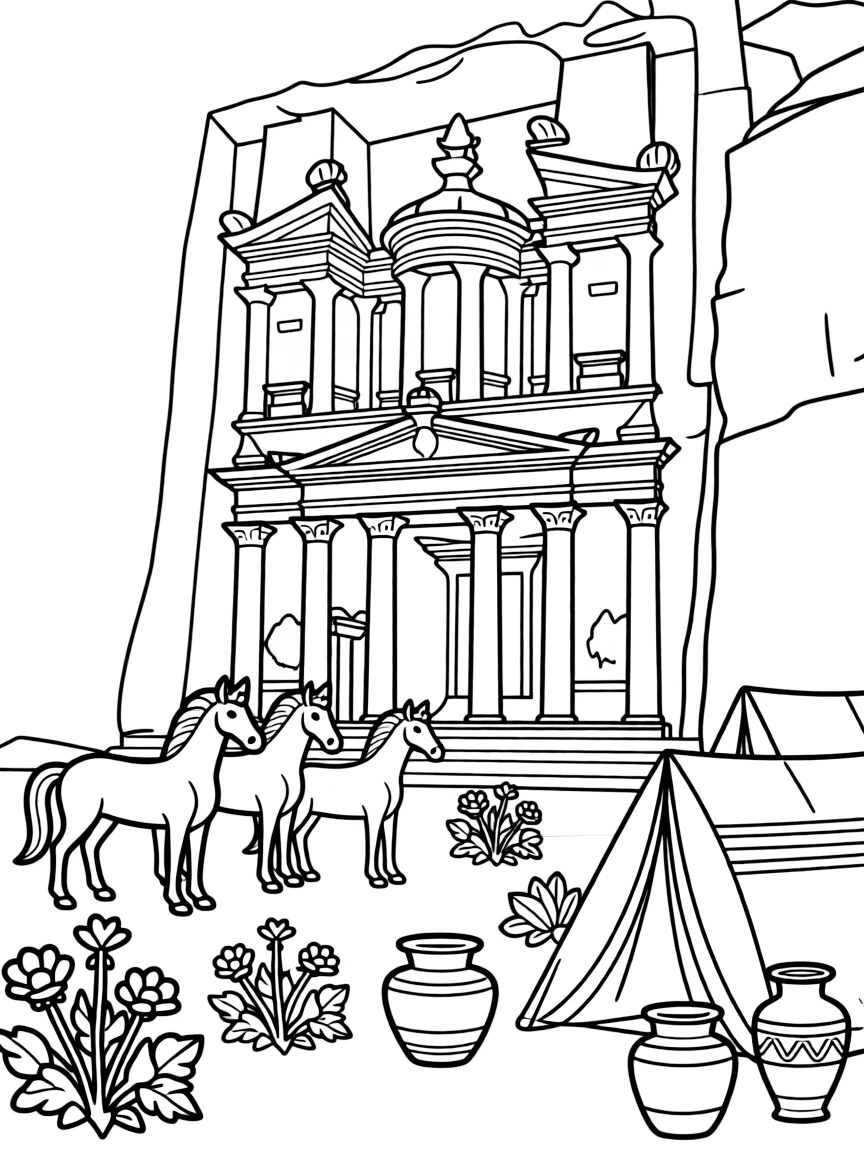 Petra's Treasury building carved in rock with Arabian horses, desert roses, Bedouin tents, and ancient pottery scattered around