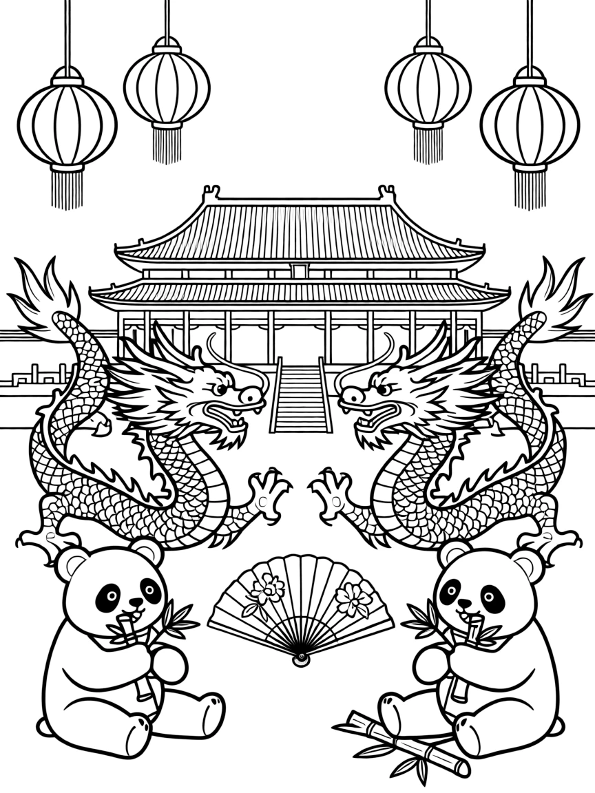 The Forbidden City in Beijing with Chinese dragons, paper lanterns hanging, pandas eating bamboo, and traditional Chinese fans