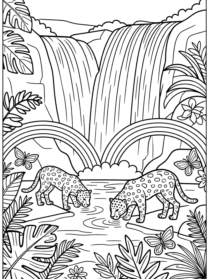 Iguazu Falls with rainbows in the spray, jaguars drinking water, colorful butterflies, tropical plants, and indigenous South American patterns