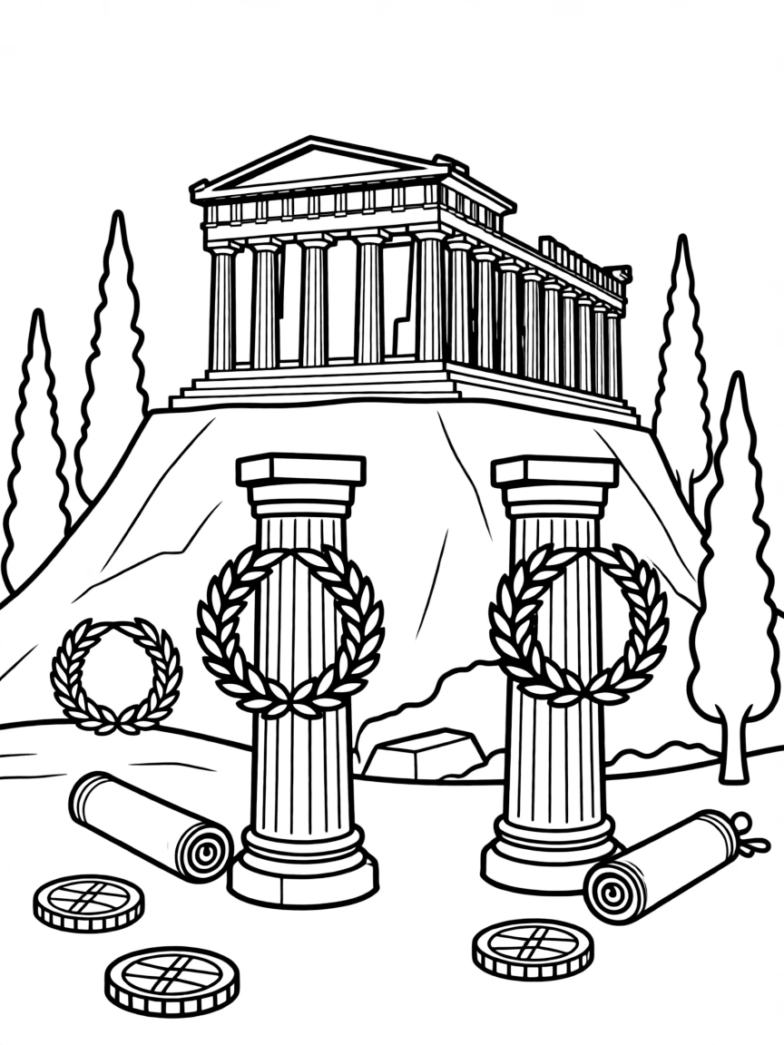 The Acropolis with Greek columns, olive wreaths, ancient Greek coins, philosopher scrolls, and Mediterranean cypress trees