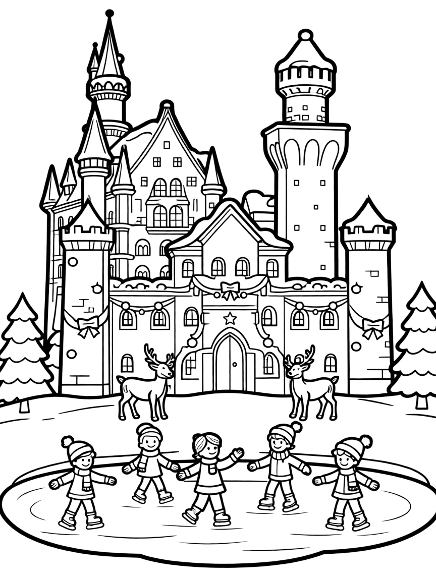 Neuschwanstein Castle in winter with snow-covered turrets, ice skating scenes, Christmas decorations, and reindeer in the courtyard