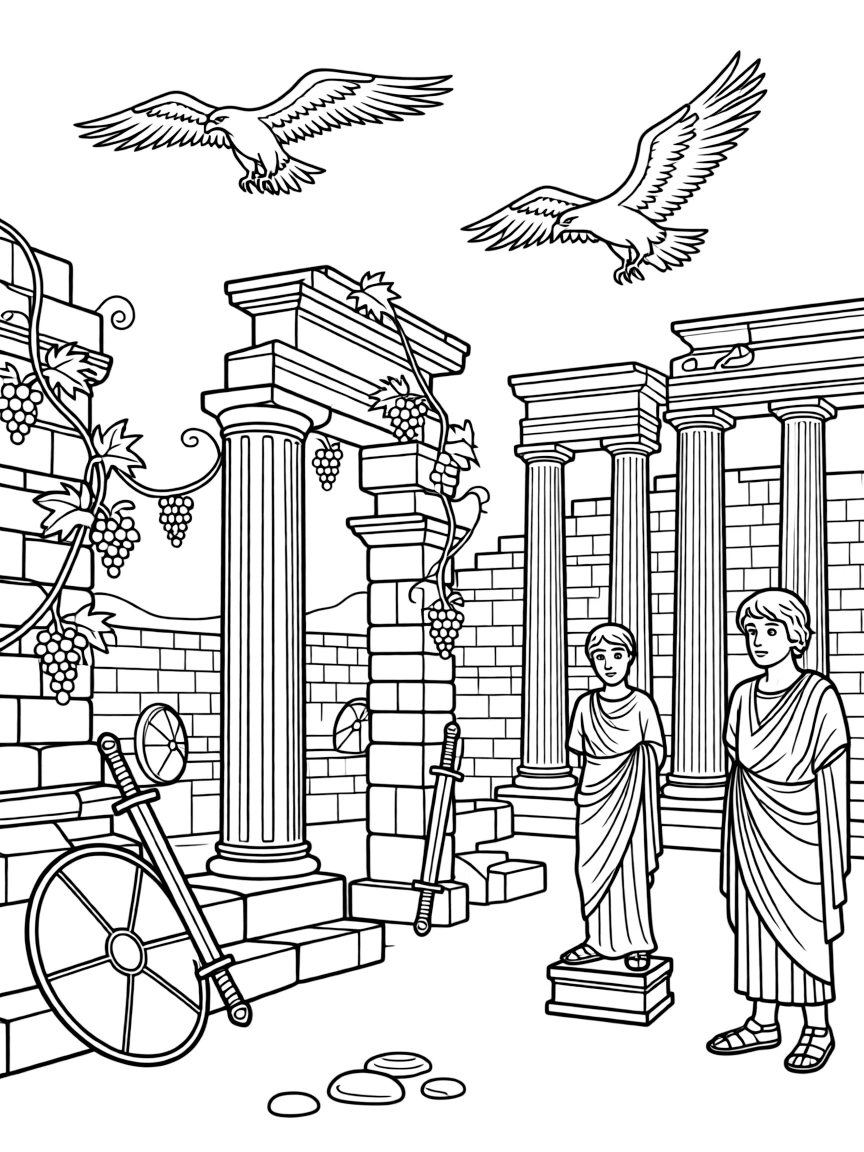 The Roman Forum with gladiator swords and shields, Roman eagles, marble statues, and grape vines growing over ancient ruins