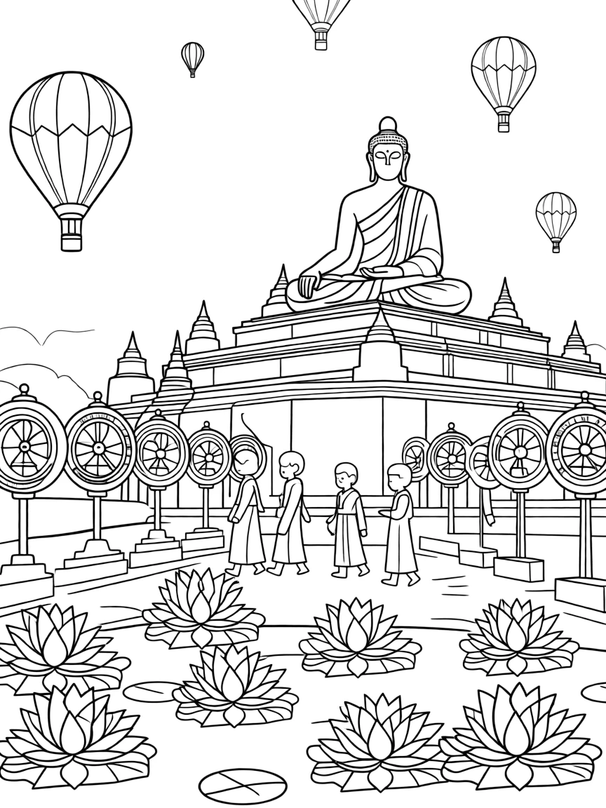 Bagan temples in Myanmar with Buddhist monks, lotus flowers, prayer wheels, golden Buddhas, and hot air balloons floating overhead