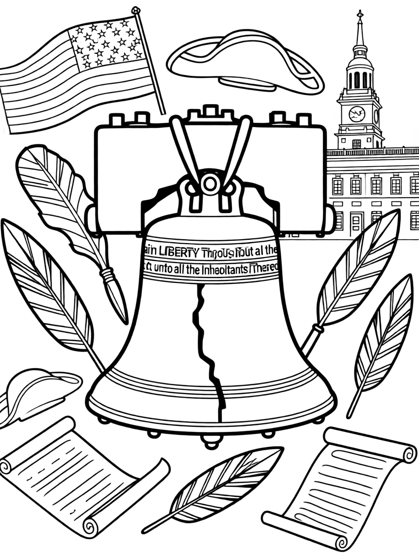 The Liberty Bell in Philadelphia with American flags, colonial tricorn hats, quill pens, parchment scrolls, and Independence Hall nearby