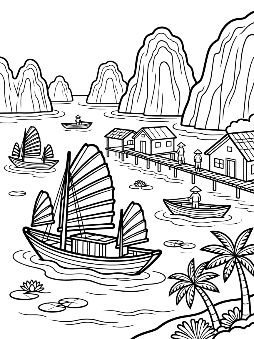Ha Long Bay in Vietnam with traditional junk boats, floating fishing villages, limestone caves, and Vietnamese conical hats
