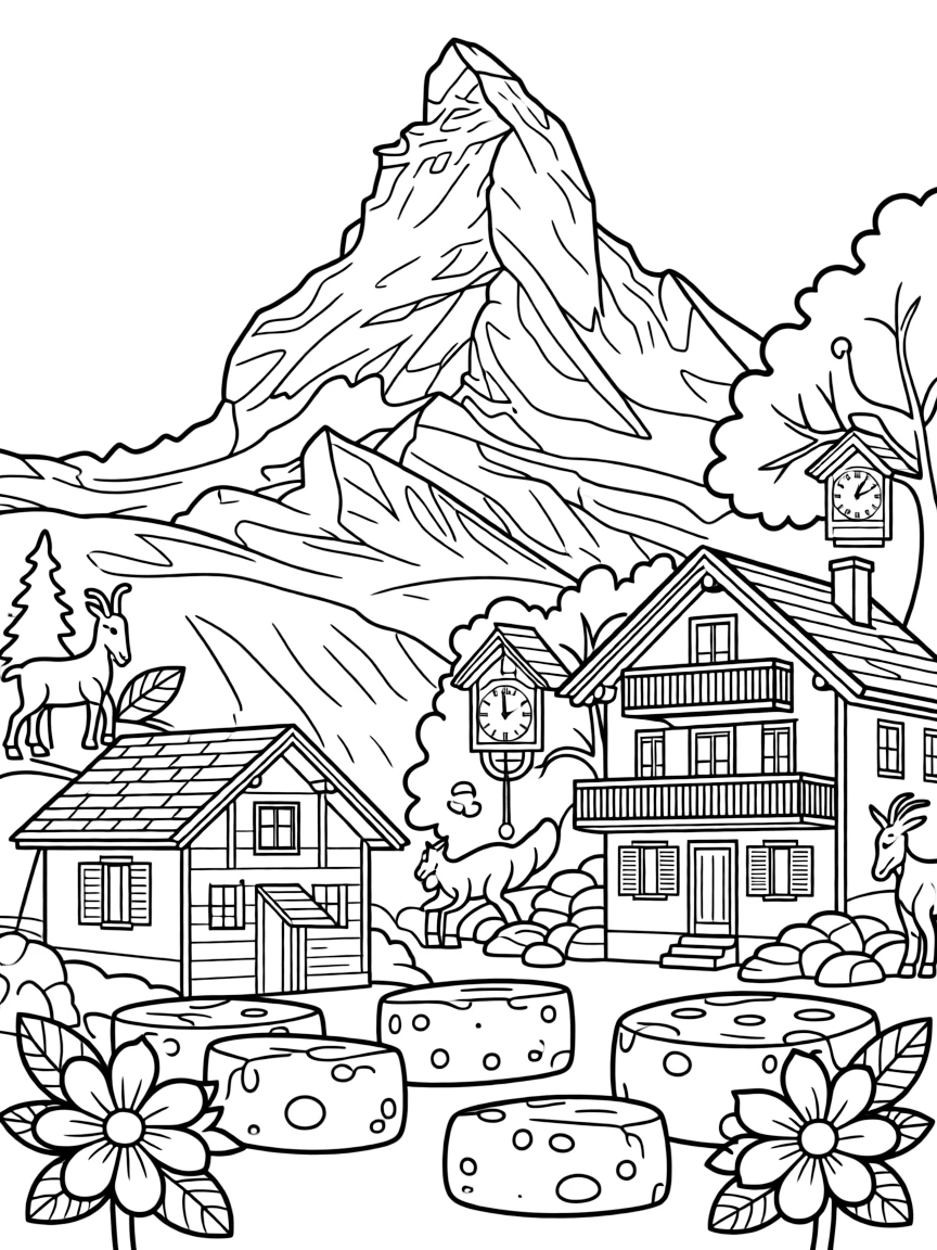 The Matterhorn mountain with Swiss chalets, cuckoo clocks, alpine flowers, mountain goats, and cheese wheels scattered around