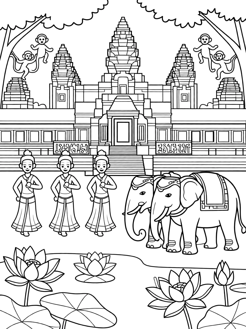 Angkor Wat temple with Cambodian dancers, temple elephants, lotus ponds, ancient Khmer scripts, and monkey families playing
