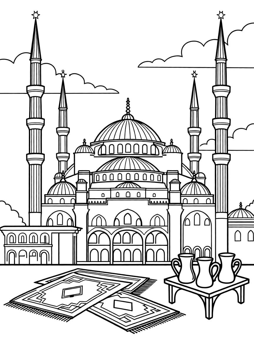 The Blue Mosque in Istanbul with Turkish carpets, minarets reaching to the sky, crescent moons and stars, and Turkish tea glasses