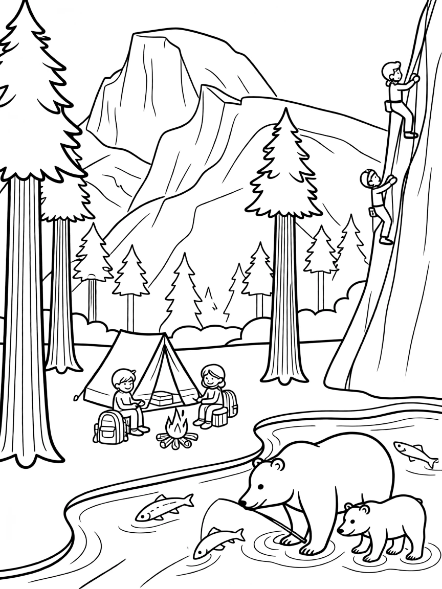 Yosemite's Half Dome with camping scenes, bears fishing for salmon, giant sequoia trees, and rock climbers scaling the cliffs