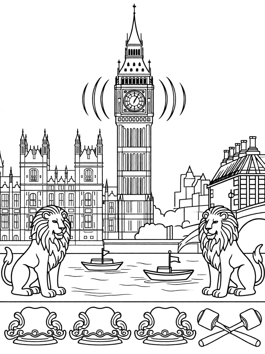The Palace of Westminster with Big Ben chiming, Thames River boats, British lions, and parliamentary wigs and gavels