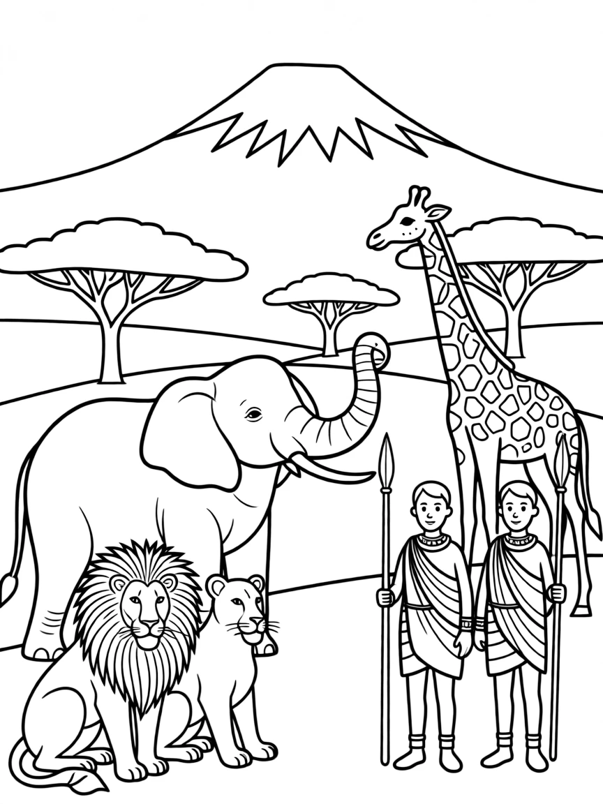 Kilimanjaro with African safari animals like lions and elephants, acacia trees, Maasai warriors with spears, and tribal beadwork