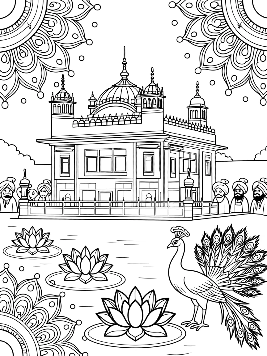 The Golden Temple in Amritsar with Sikh turbans, lotus flowers in sacred pools, peacocks, and traditional Indian rangoli patterns