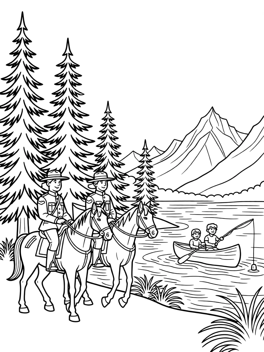 Banff National Park with Canadian Mounties on horses, mountain lakes, pine forests, and families canoeing and fishing