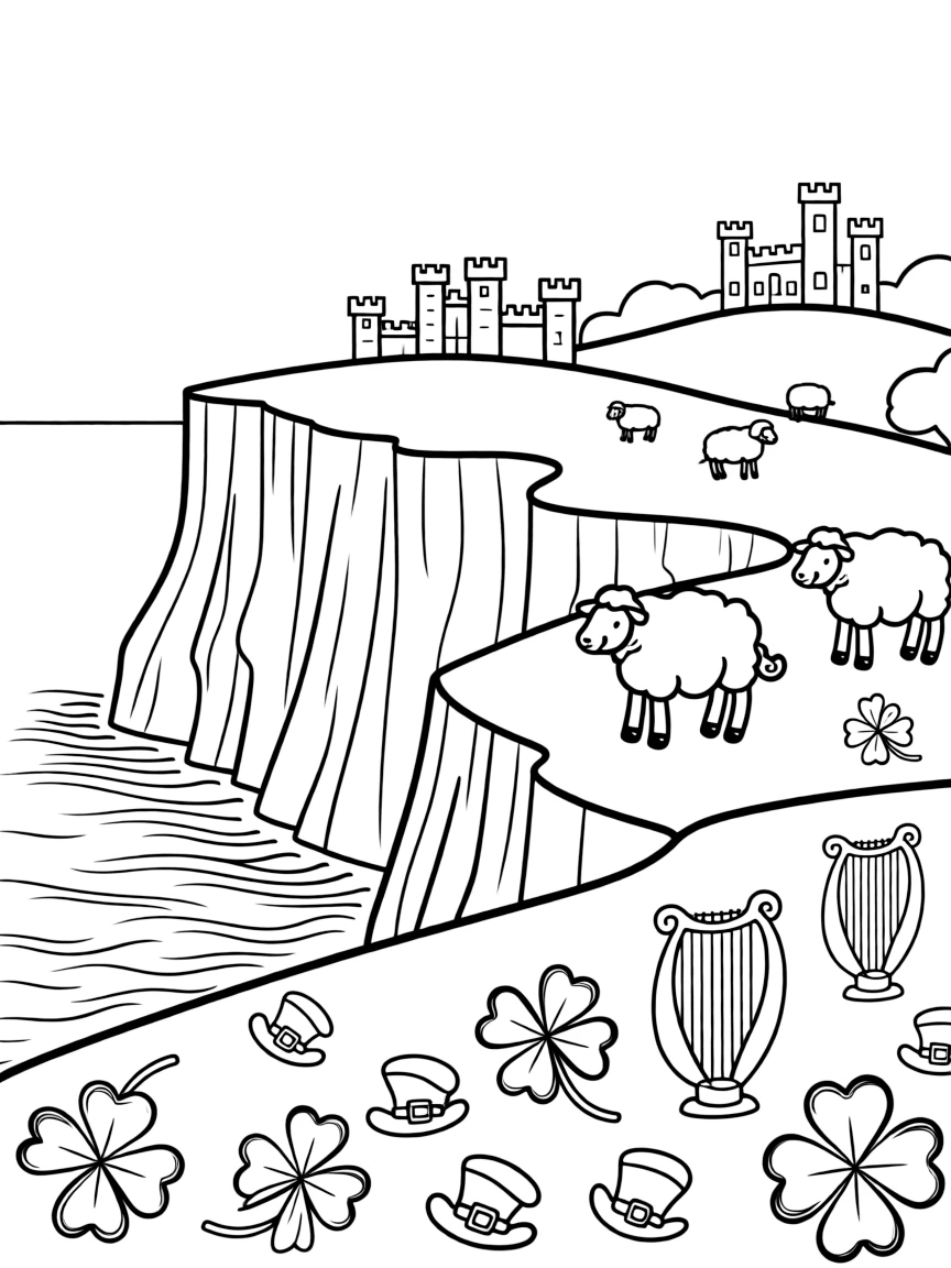 The Cliffs of Moher in Ireland with Celtic harps, four-leaf clovers, leprechaun hats, sheep grazing, and Irish castles on hilltops