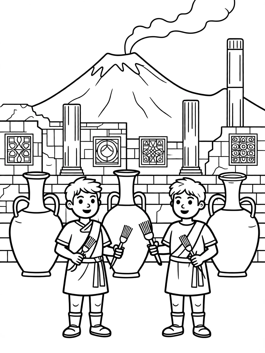 Pompeii ruins with Roman togas, volcanic Mount Vesuvius, ancient mosaics, amphora jars, and archaeologists with brushes and tools