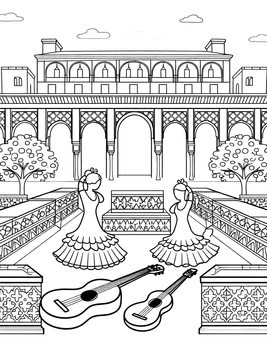 The Alhambra in Spain with flamenco dancers, Spanish guitars, colorful tiles, orange trees, and Moorish architectural patterns