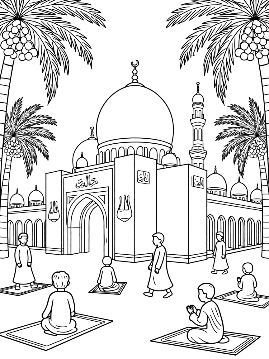 The Great Mosque of Mecca with pilgrims in white robes, crescent moons, Islamic calligraphy, prayer rugs, and dates and palm trees