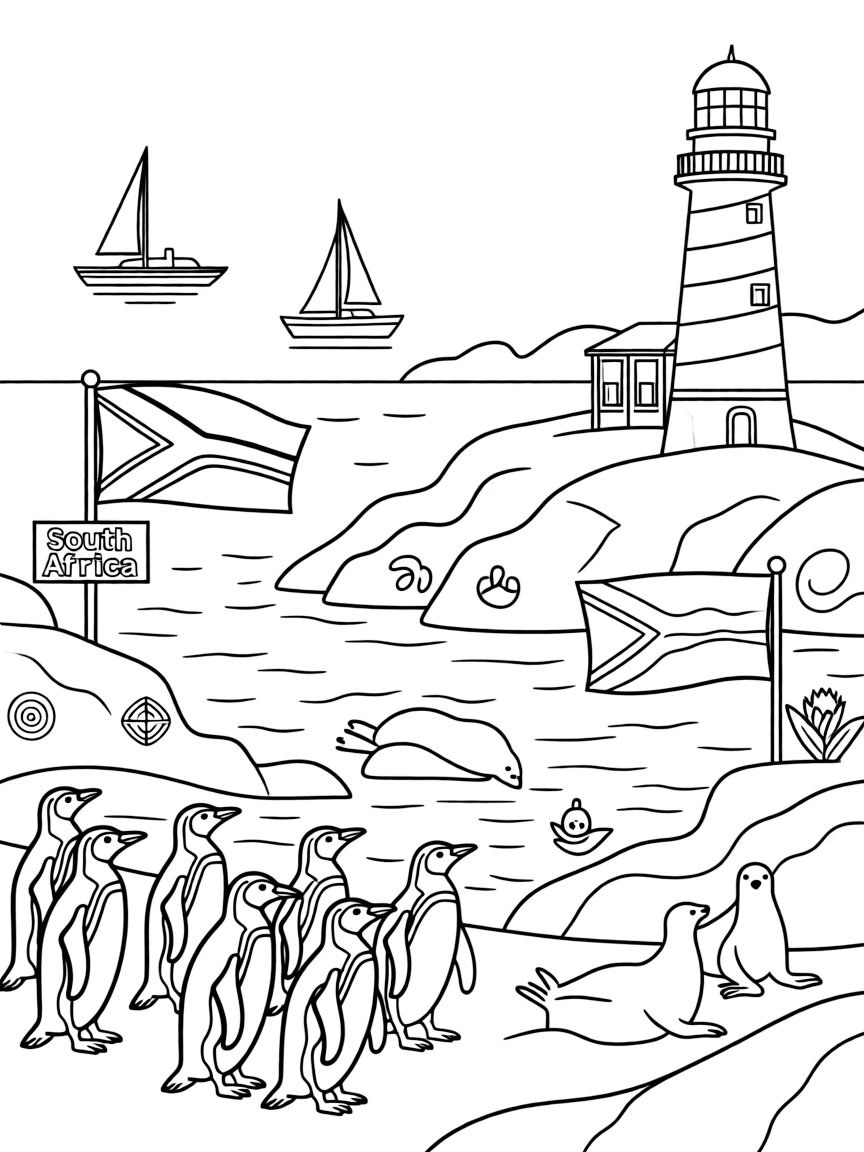 Robben Island with African penguins, seals, lighthouses, boats crossing Table Bay, and South African flags and symbols