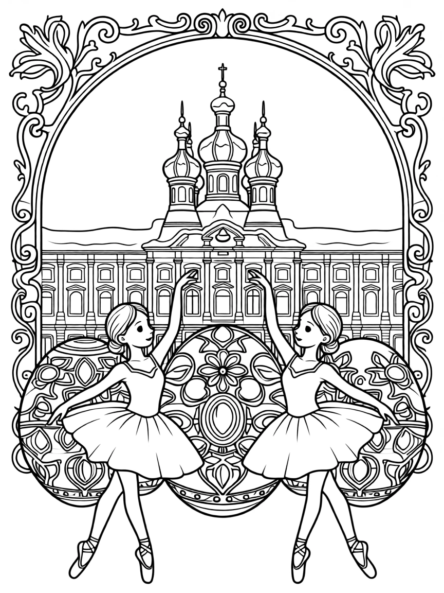 The Hermitage Museum in St. Petersburg with Russian ballet dancers, Faberge eggs, ornate golden frames, and snow-covered palaces