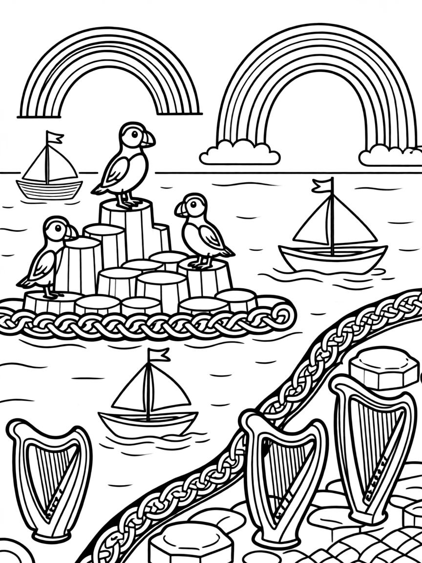 The Giant's Causeway in Ireland with Celtic knots, Irish harps, puffins on the rocks, fishing boats, and rainbow arcs over the sea