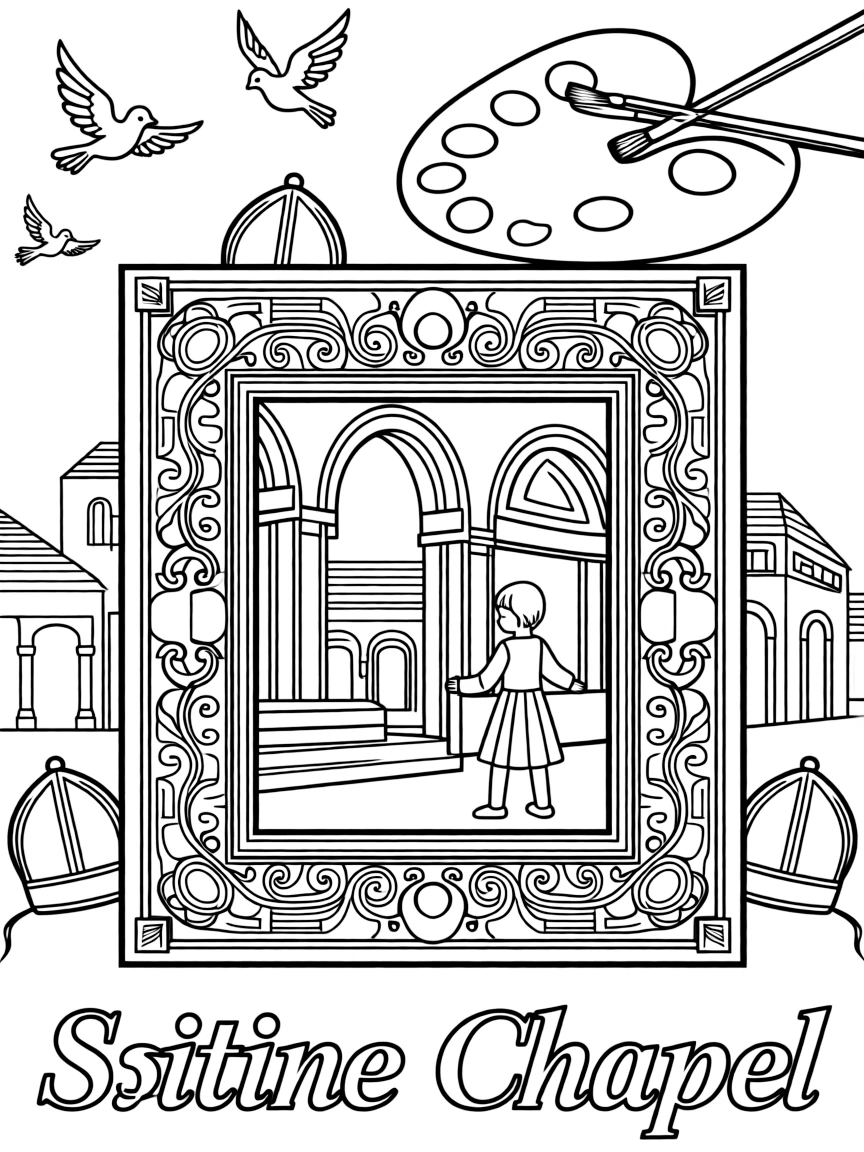 The Sistine Chapel with Renaissance art frames, papal hats, doves representing peace, artistic paint palettes, and Italian architecture