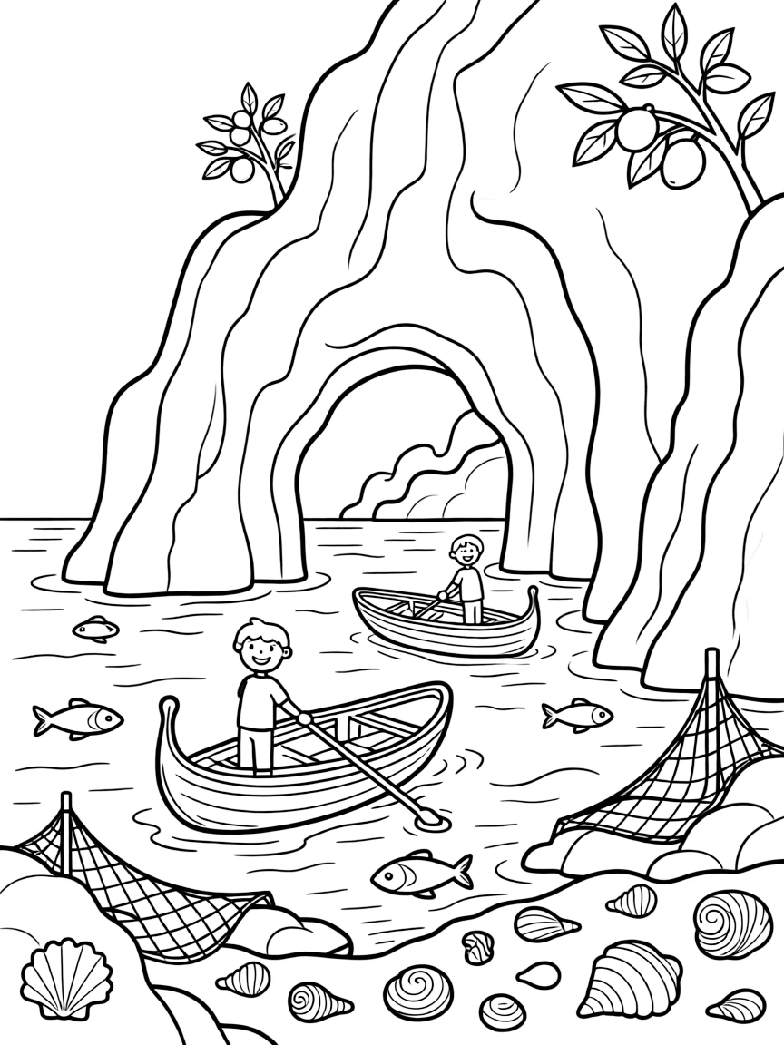 The Blue Grotto in Capri with gondolas, Mediterranean fish, seashells, Italian fishing nets, and lemon trees on cliff sides