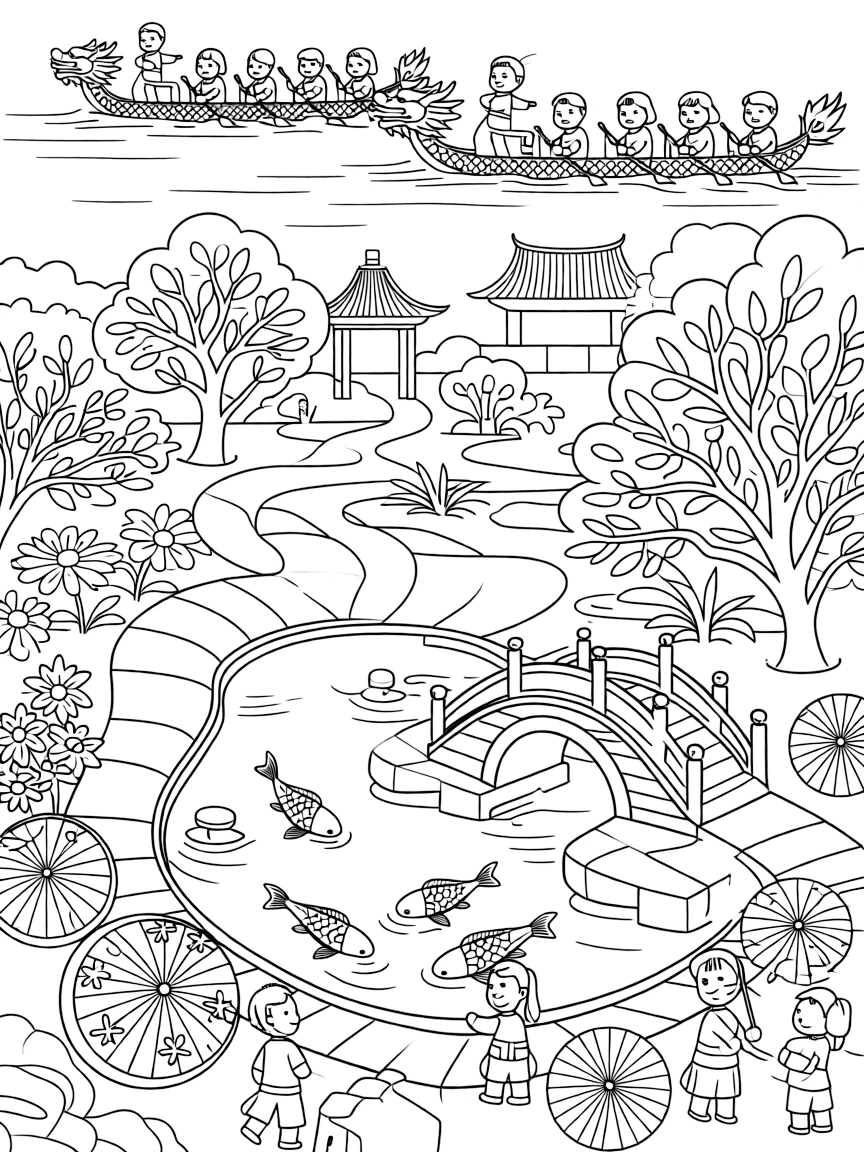 The Summer Palace in Beijing with Chinese gardens, koi fish ponds, traditional bridges, paper umbrellas, and dragon boat races