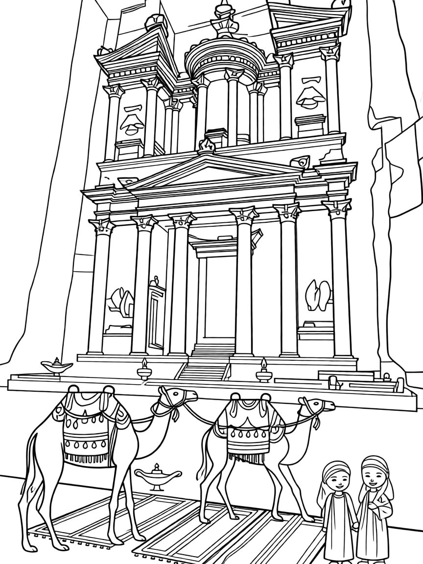 The Treasury at Petra lit by candlelight with Arabian nights themes, magic lamps, Persian rugs, camels with ornate saddles
