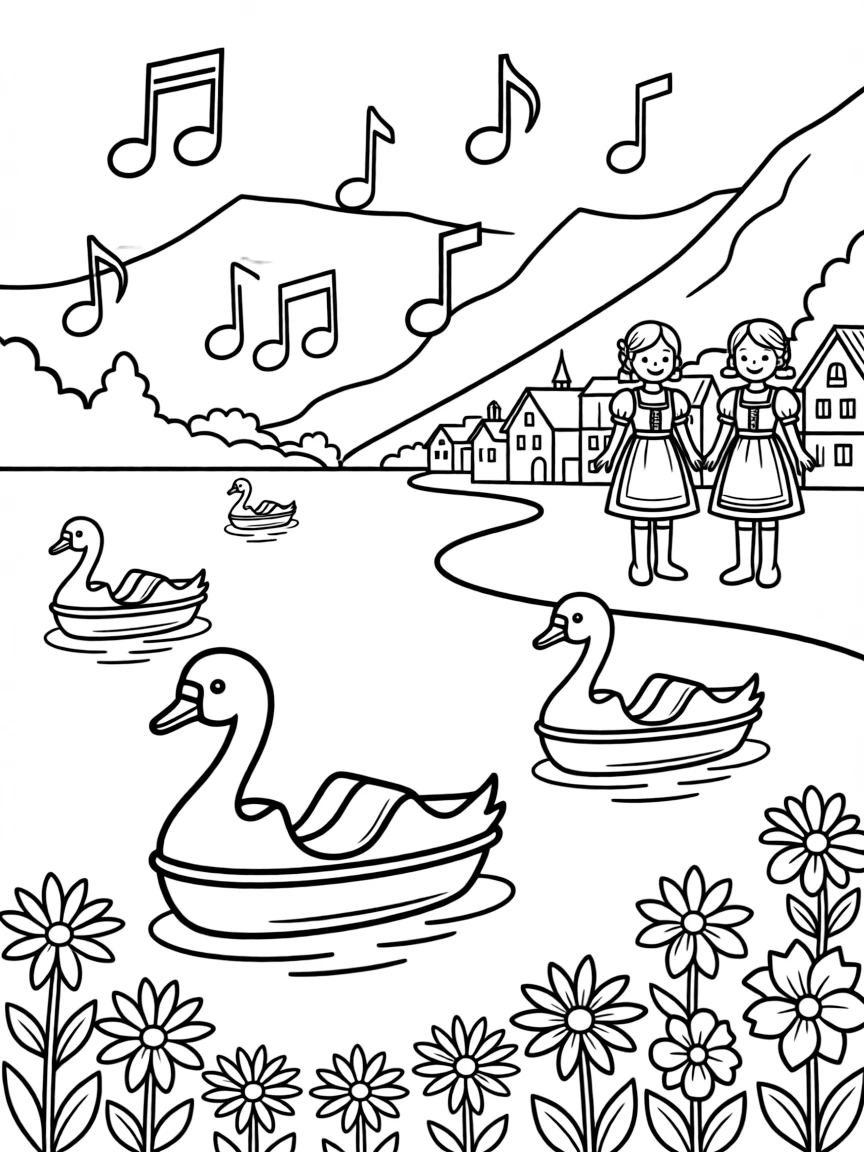 Hallstatt village in Austria with swan boats on the lake, Alpine flowers, dirndl dresses, traditional Austrian music notes