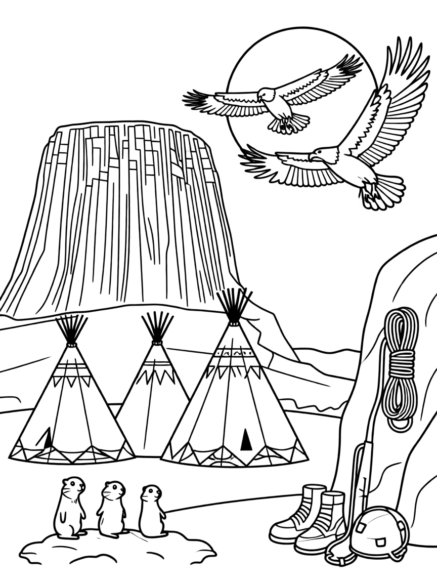 Devils Tower in Wyoming with Native American tepees, prairie dogs, eagles circling overhead, and rock climbing equipment