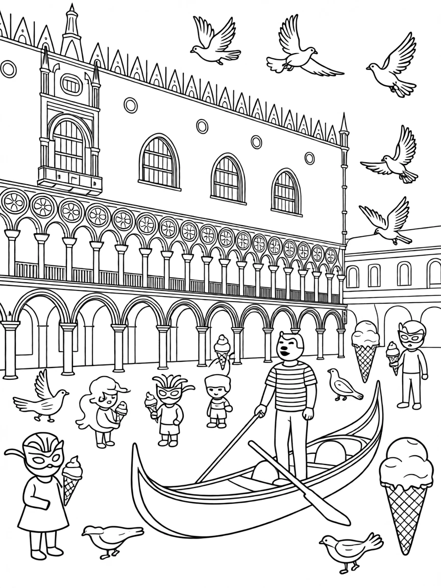 The Doge's Palace in Venice with gondoliers, carnival masks, pigeons in St. Mark's Square, and Italian gelato cones