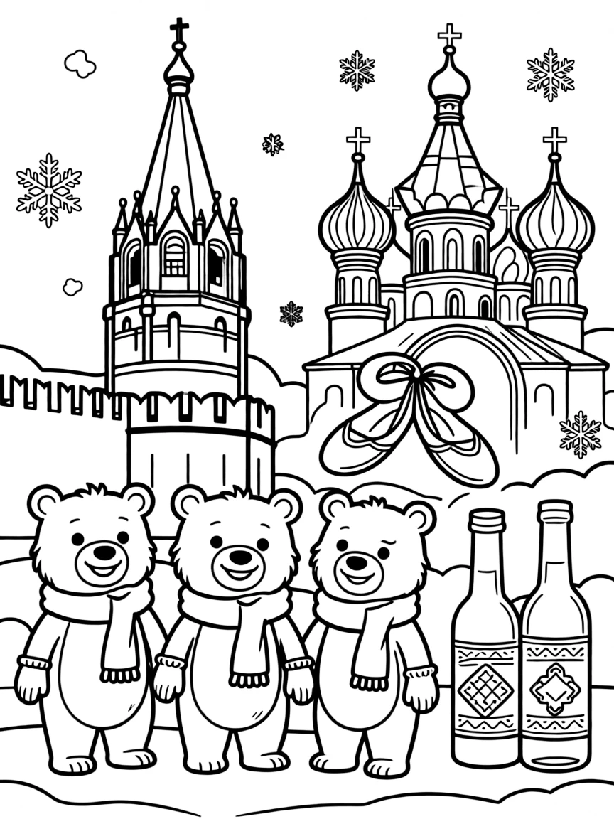 The Kremlin with Russian bears, ballet shoes, vodka bottles with decorative labels, Orthodox church domes, and snow scenes