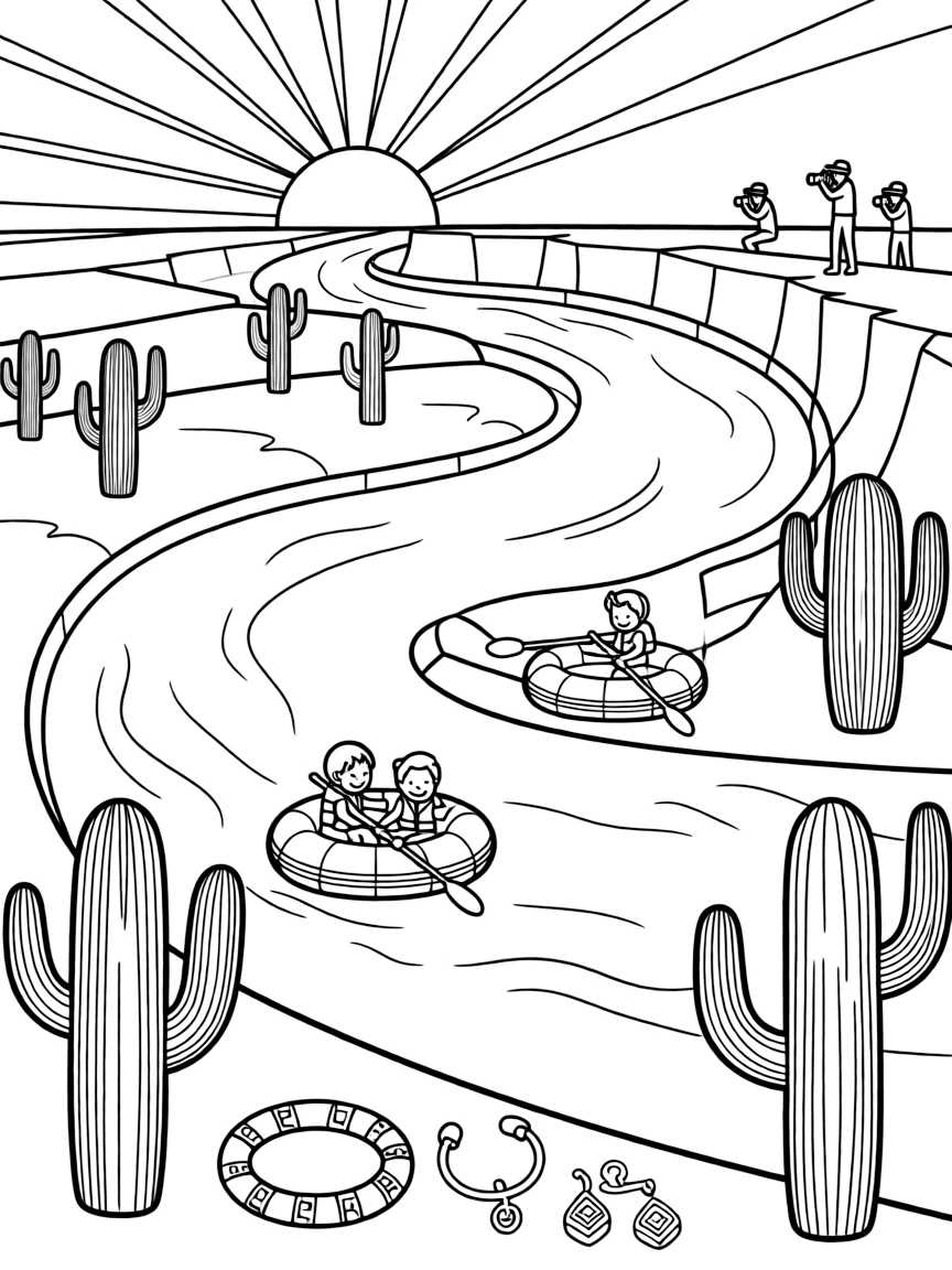 Horseshoe Bend with river rafting scenes, desert cacti, Arizona sunsets, Native American jewelry, and photographer silhouettes