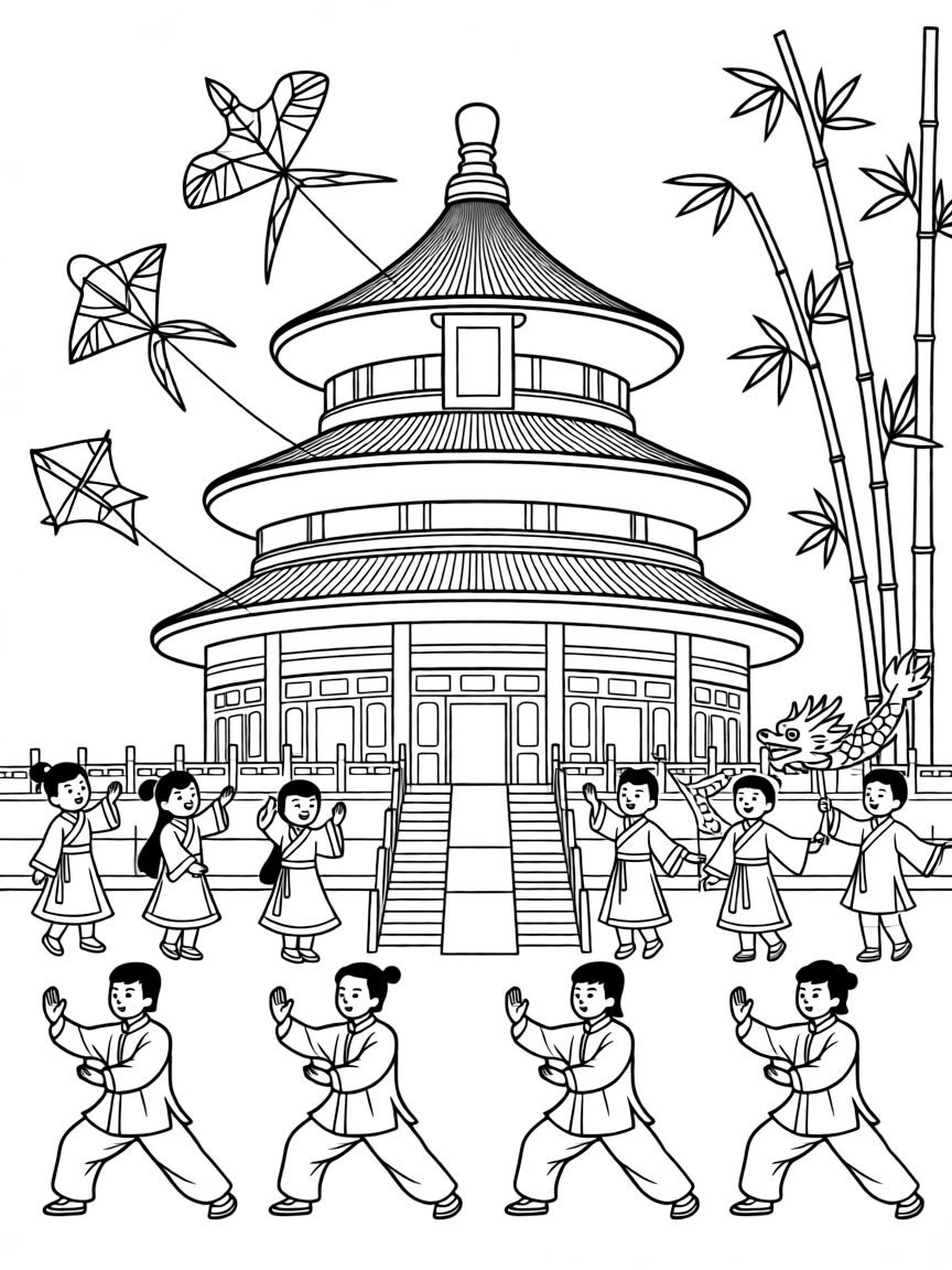 The Temple of Heaven in Beijing with Chinese kites, traditional costumes, paper dragons, bamboo forests, and tai chi practitioners