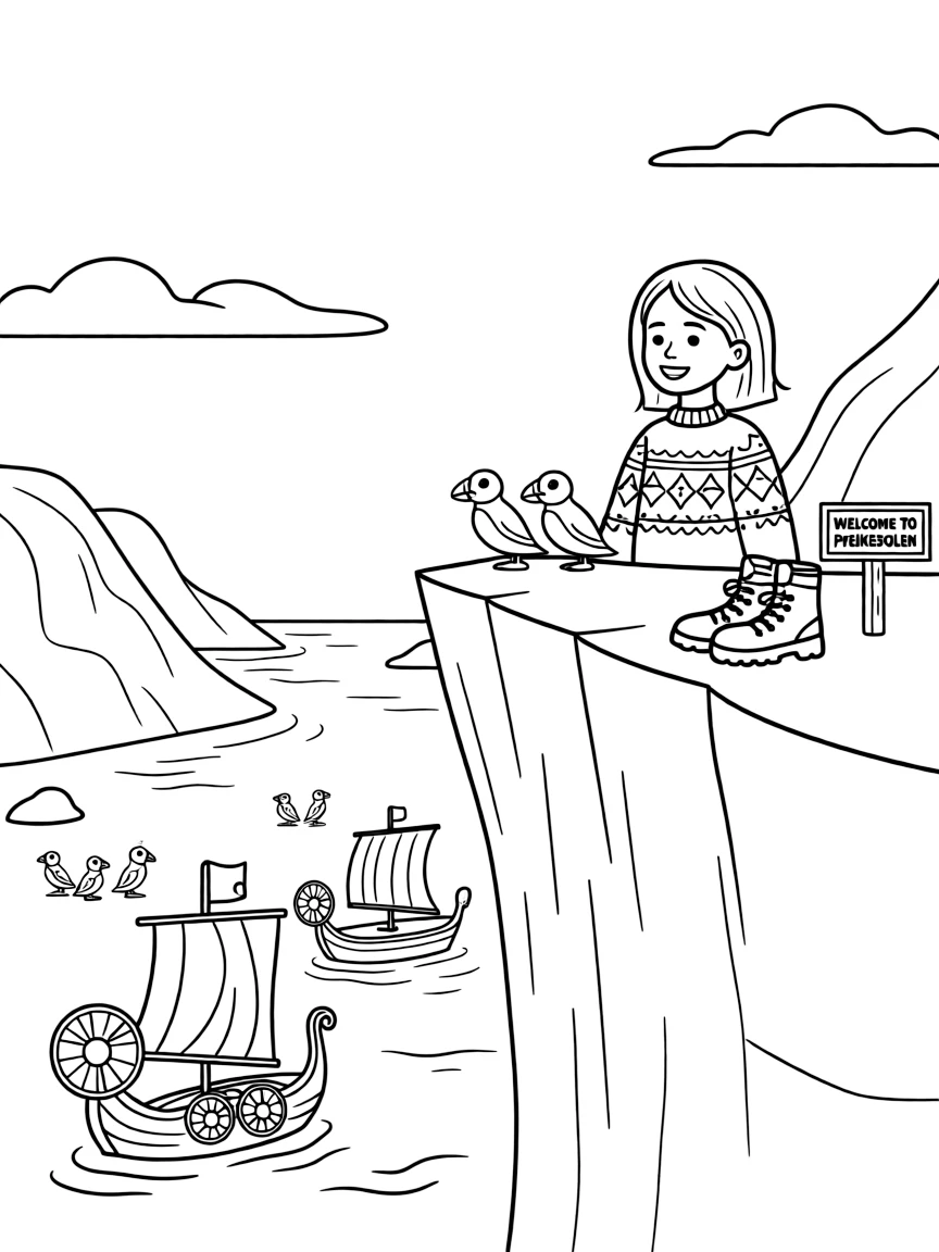 Preikestolen (Pulpit Rock) in Norway with Viking ships, puffins, Norwegian sweater patterns, hiking boots, and fjord views