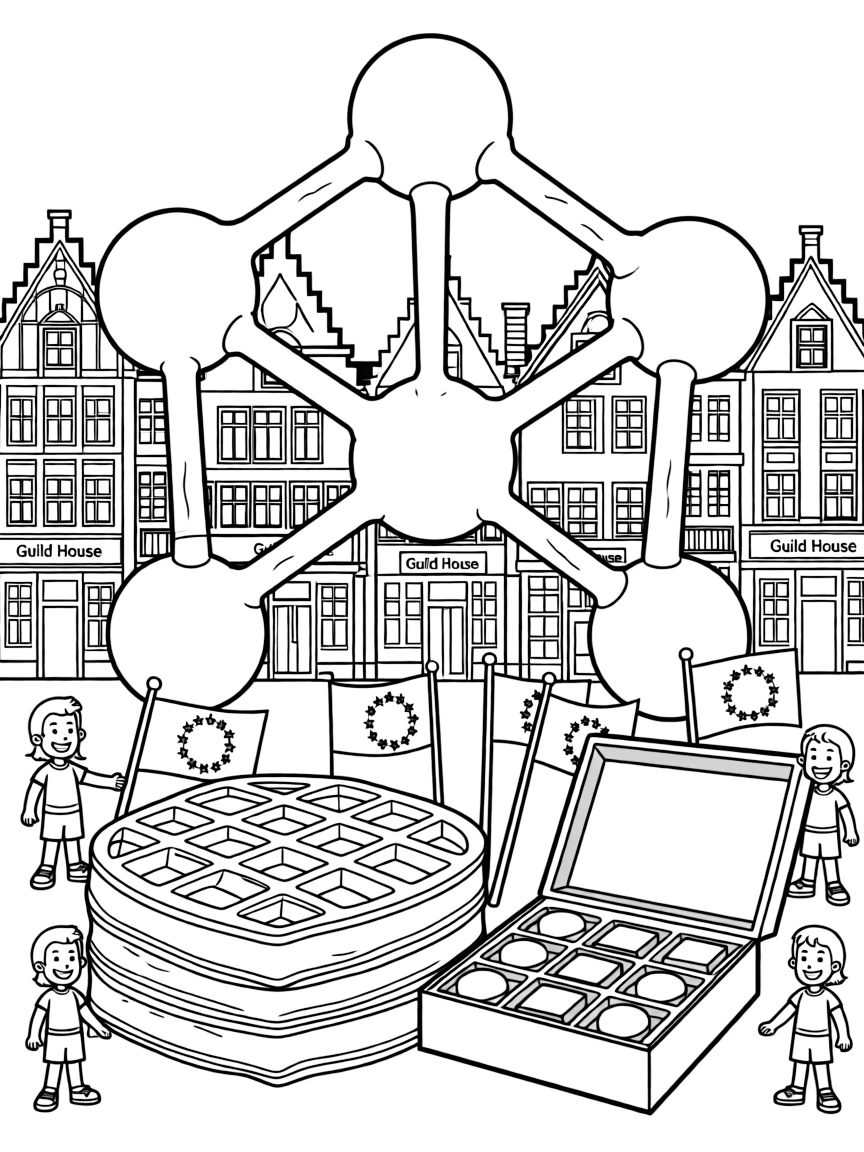 The Atomium in Brussels with Belgian waffles, chocolate boxes, comic book characters, EU flags, and medieval guild houses