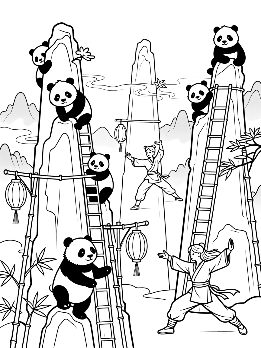 Zhangjiajie pillars with pandas climbing, Chinese lanterns, martial arts figures, bamboo scaffolding, and misty mountain scenes