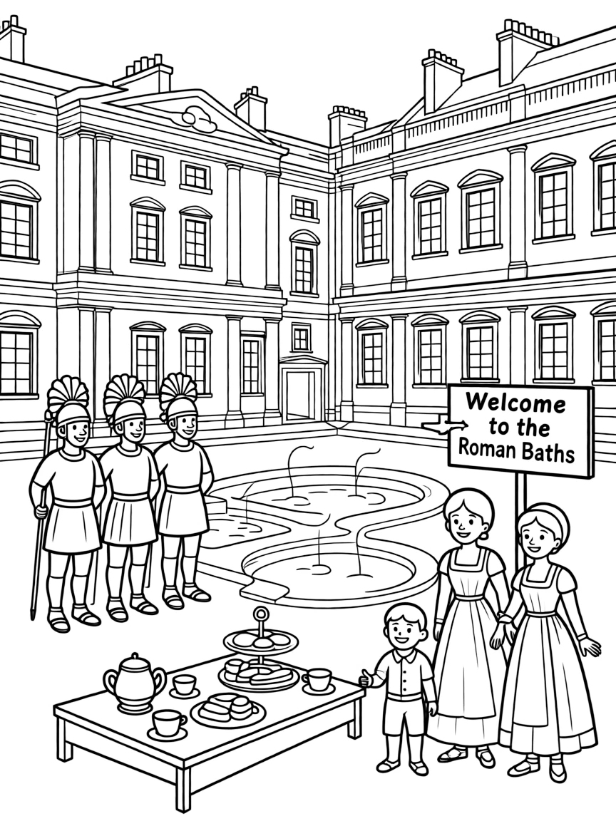 The Roman Baths in Bath with Roman soldiers, thermal springs, British tea sets, Jane Austen period costumes, and Georgian architecture