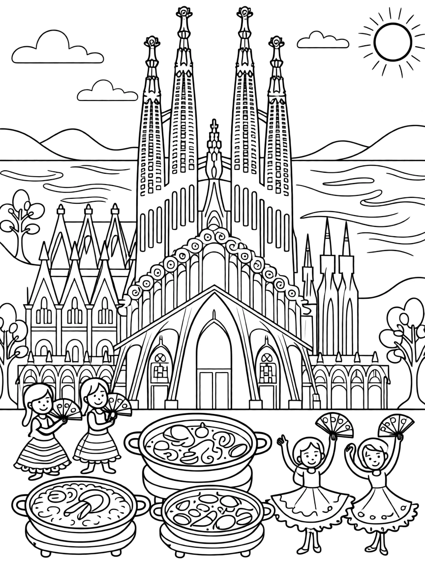 The Sagrada Familia in Barcelona with Spanish fans, paella pans, flamingo dancers, Gaudi's architectural swirls, and Mediterranean scenes