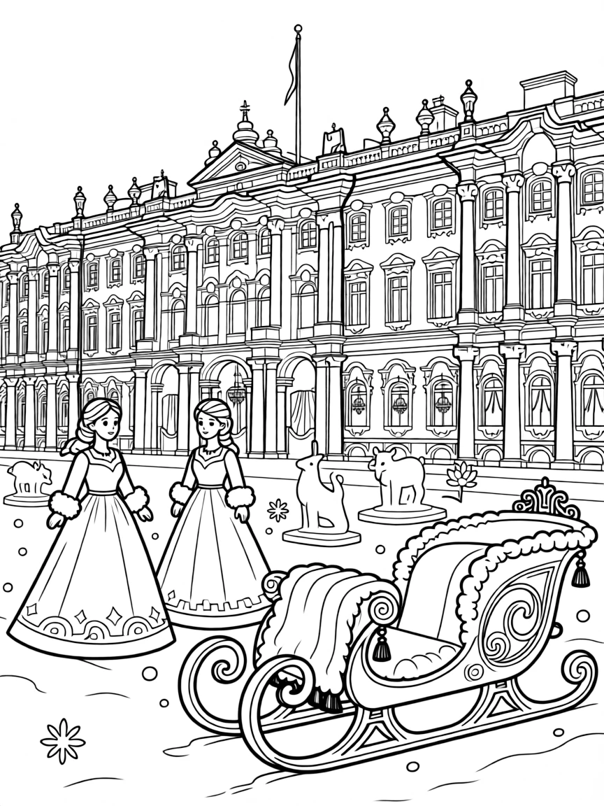 The Winter Palace in St. Petersburg with Russian snow queens, ice sculptures, ornate sleighs, fur muffs, and palace ballrooms