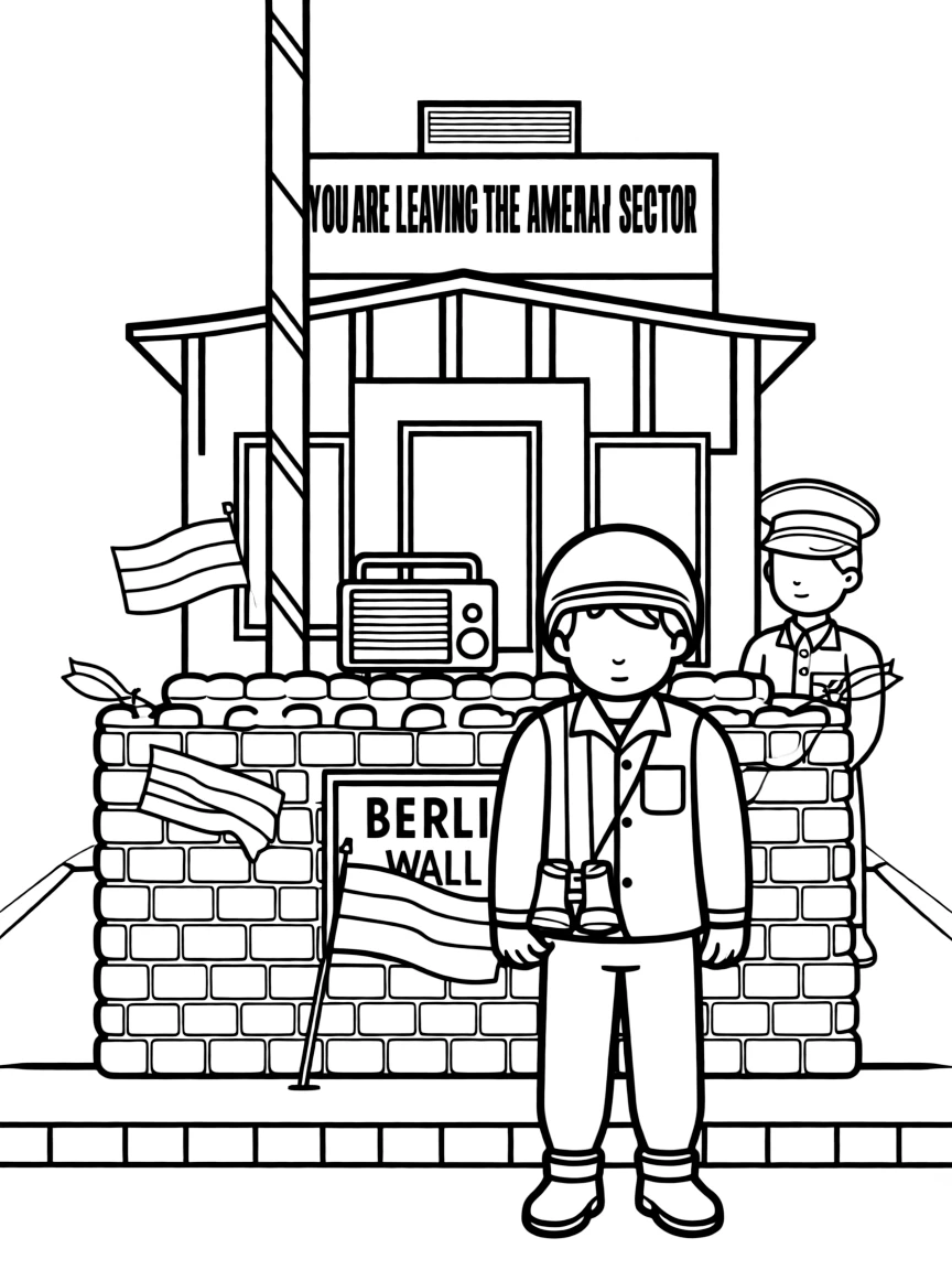 Checkpoint Charlie in Berlin with divided city symbols, pieces of the Berlin Wall, German flags, and Cold War era items