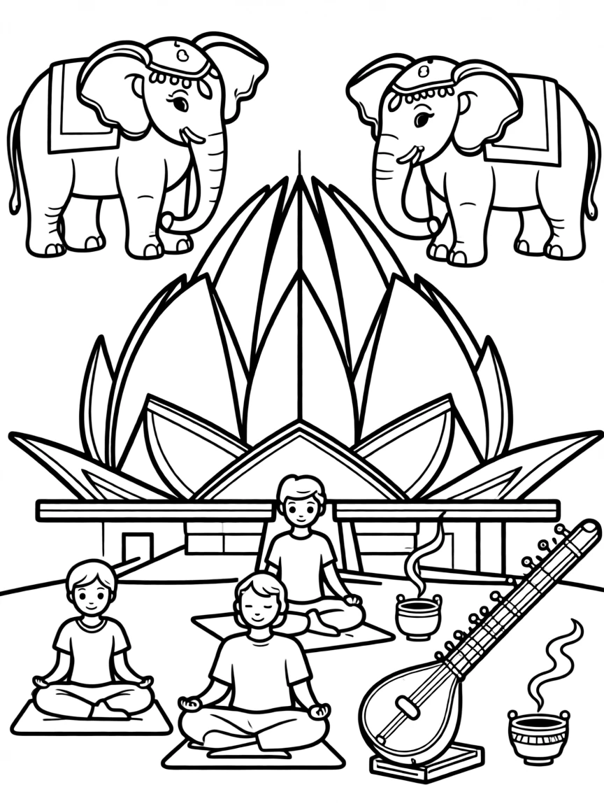 The Lotus Temple in Delhi with lotus petals, Indian elephants, yoga practitioners, sitar musical instruments, and incense burners