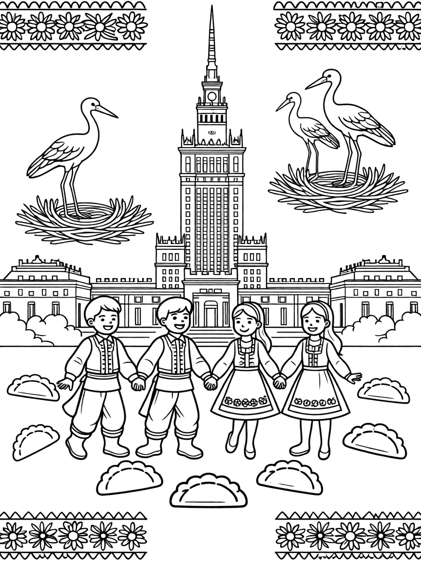The Palace of Culture in Warsaw with Polish folk dancers, pierogi shapes, stork nests, traditional Polish embroidery patterns