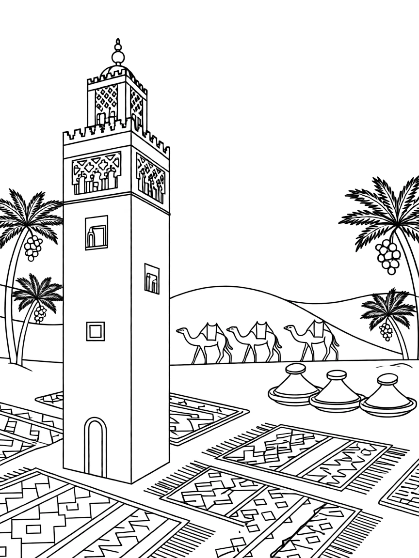 The Hassan Tower in Morocco with Moroccan rugs, desert scenes, camel caravans, traditional tagine pots, and palm date clusters