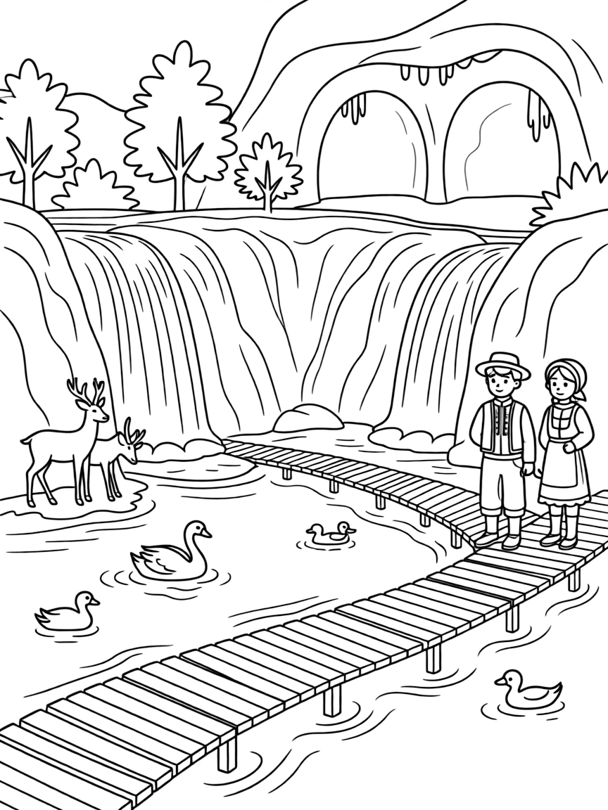 Plitvice Lakes in Croatia with wooden walkways, waterfalls, European wildlife, traditional Croatian costumes, and limestone caves